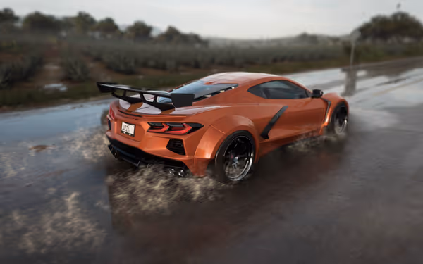 Orange supercar speeding through a wet road, splashing water in motion.