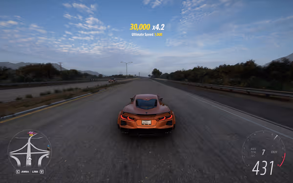 Orange sports car driving on highway, speedometer showing 431 km/h.