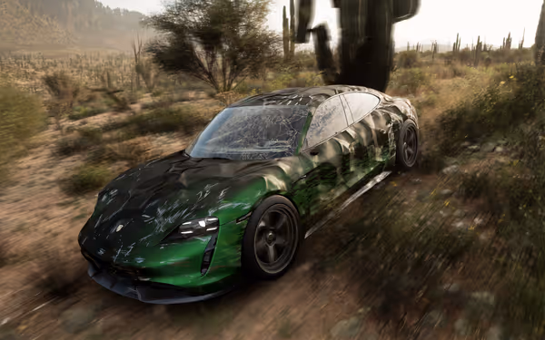 A green sports car with scratches, shattered glass, and ripples, racing through a desert.