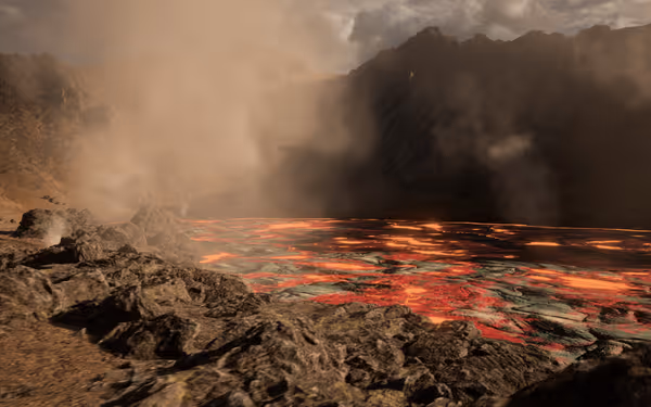Lava flows in a volcanic crater with smoke and rocky terrain in the foreground.