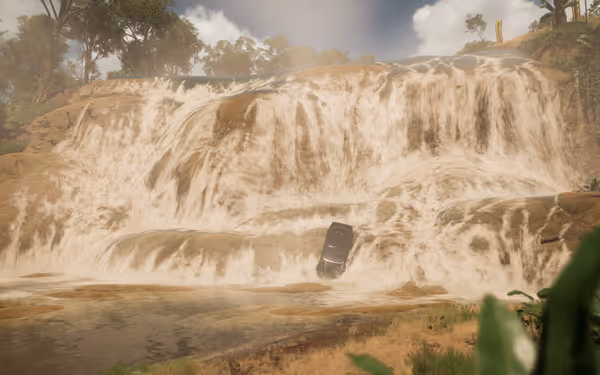 A black car is partially submerged in a cascading waterfall, surrounded by lush greenery