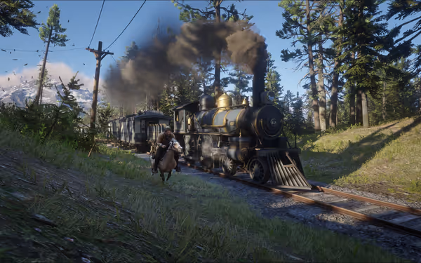 A man on horseback riding alongside a steam train in a forested area.