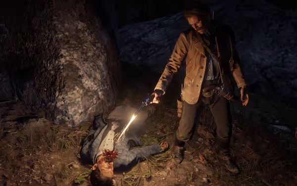 A man fires a revolver at a figure on the ground, sparks illuminating the night scene.