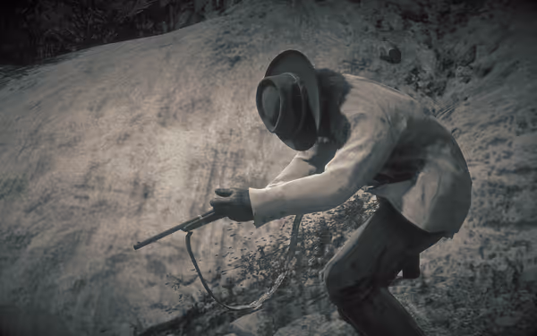 Man crouching with a rifle in a vintage tone.