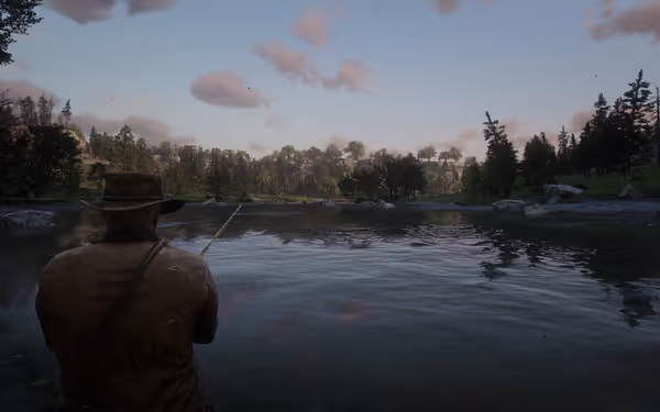 A male character fishing with a pole on a lake surrounded by trees.