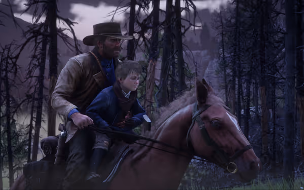 A male character riding a horse with a child seated in front of him, passing through a forest.