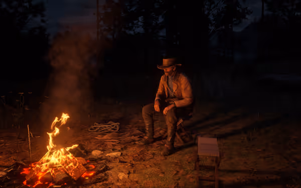 A male character sitting by a campfire at night in a forest.