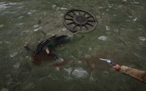 A lifeless body floats in murky water, alongside a broken wagon wheel, with a revolver aimed nearby.