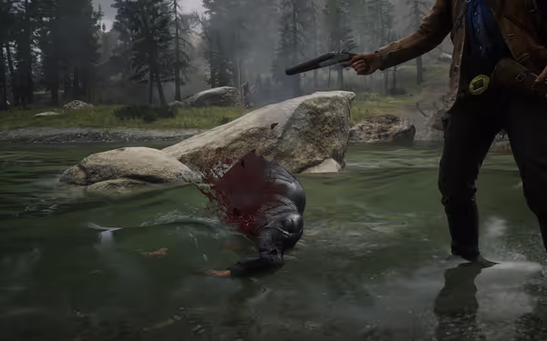 Bloodied body floats as a lone gunman stands, revolver raised.