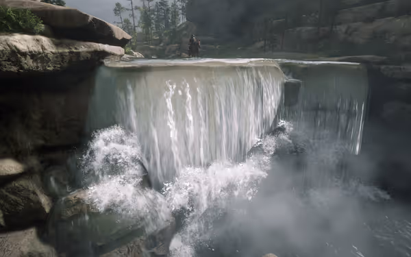 A waterfall flows over rocky cliffs with a rider and horse visible on the edge above.
