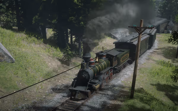 A steam locomotive moves through a forested area, releasing smoke as it follows the railway track.