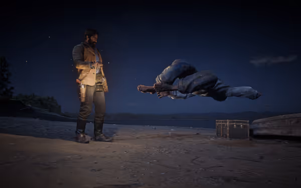 A man in a leather coat holds a lantern on a sandy riverside at night, with a figure mid-air and a starry sky above the trees.