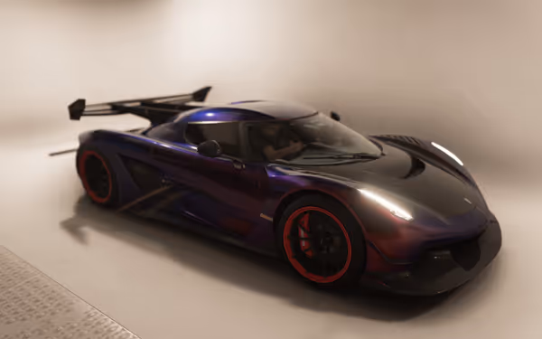 A sleek, purple sports car with red rims and a large rear wing in a studio.