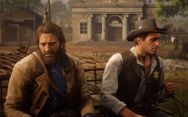 Two male characters, one with long hair and the other wearing a cowboy hat, sit on a vehicle in front of the Bank of Rhodes during the daytime.