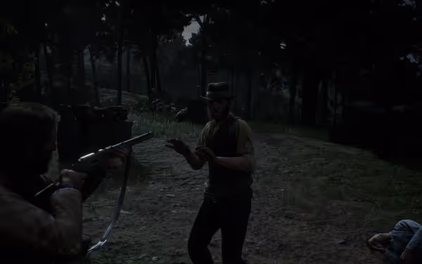 A male character points a rifle toward another character in a tense standoff in a forest at night.