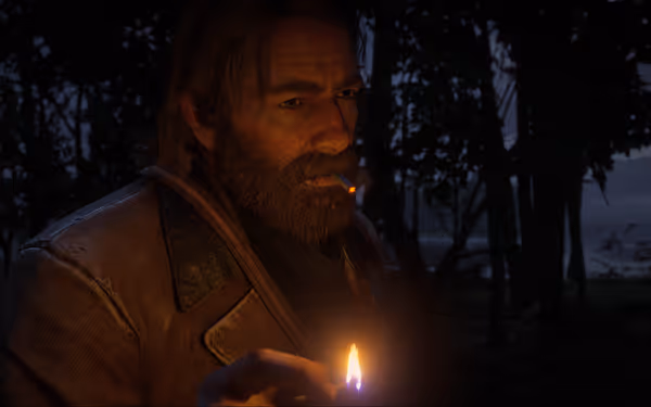 A male character with long hair and a beard holds a cigarette in his mouth and a match with fire in his hand.