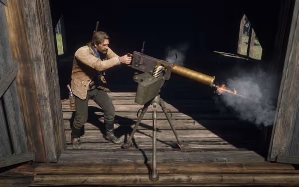 A male character firing a mounted machine gun inside a rustic barn, with sunlight streaming through the wooden walls.