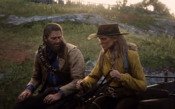 A male character and a female character in period clothing, one wearing a hat and the other with a bandolier, are seated on a horse-drawn carriage.