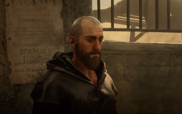 A bald man with a beard stands by a stone wall. Sunlight shines through a metal railing above, and ferns grow from cracks in the wall.