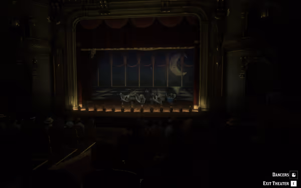 In a dark room, four female performers and a male performer perform on stage while the audience watches, sitting in their chairs.