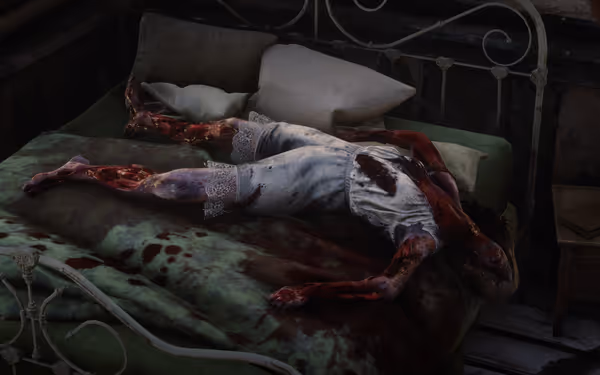 In a dimly lit room, an injured dead body lies on a bed.