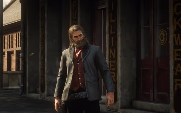 A character with a beard and long hair, wearing a gray coat, stands on a street with sunlight falling on him, carrying a pistol in a belt holster.