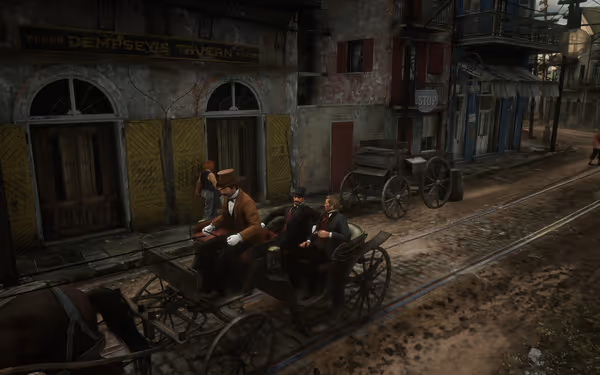 A horse-drawn carriage with well-dressed passengers moves along a dirt street with tram tracks, surrounded by worn buildings and scattered pedestrians.