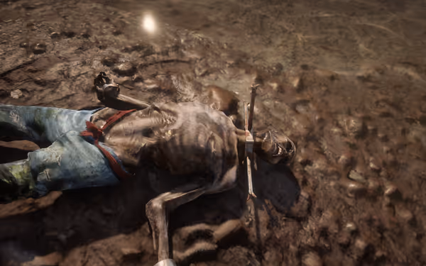 A skeleton lies on muddy ground with rough patches, its neck restrained by a metal object, in an open area with light shining from above.