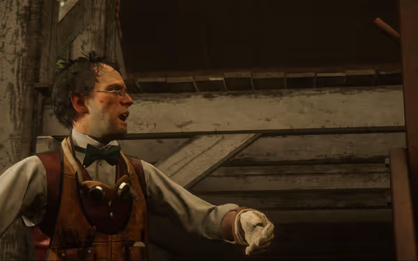 A character wearing a white shirt, brown vest, glasses, and hand gloves on the left hand, looking left with mouth open.