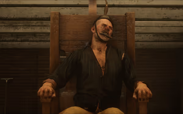 A character sits on a wooden chair, their body marked with visible wounds and wrists secured with restraints.