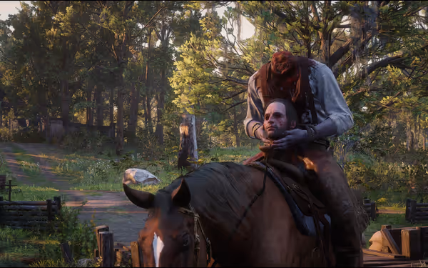 A headless character sits on a horse, holding their head in their hands, in a forest.