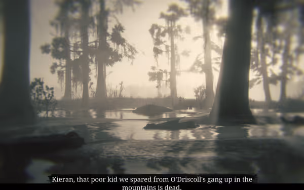 A dimly lit, foggy forest with shallow water, where dead bodies lie scattered on the surface.