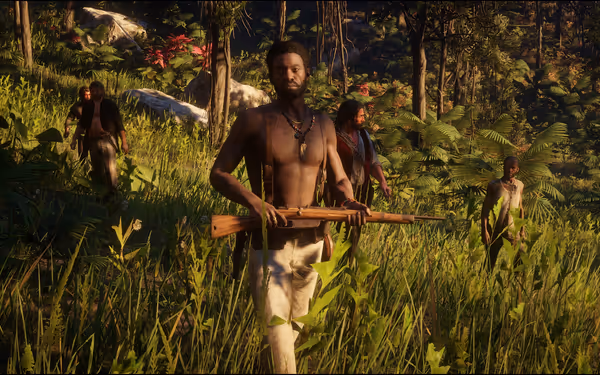 five individuals traverse a sunlit forest, surrounded by tall grass, vibrant greenery, and red flowers, with the leader carrying a rifle.