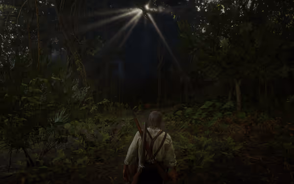 A person carrying a rifle and shotgun walks through a dense forest, sunlight streaming through the canopy.