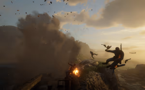 Explosion near rocky cliff at sunset, debris and people flying.