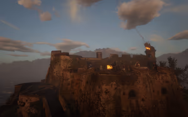 Fort with cannons firing, soldiers defending, surrounded by misty forest and evening sky.
