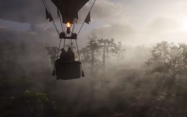 Hot air balloon over misty forest at sunrise with two people in the basket.