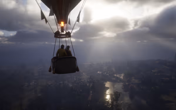 Hot air balloon with two people flying over a forest, sunny with clouds.