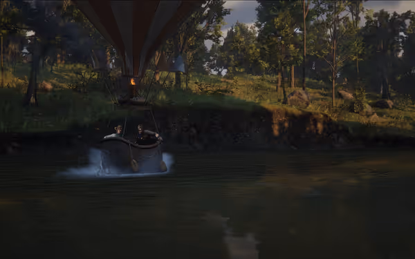 Hot air balloon skimming water, two people inside, forested riverbank background.