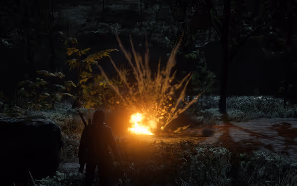 A person with a rifle stands near a fire, smoke rises toward trees at night.