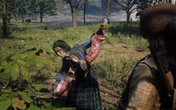 Woman holding skinned rabbit, standing outdoors near trees and grass, with hunter nearby.