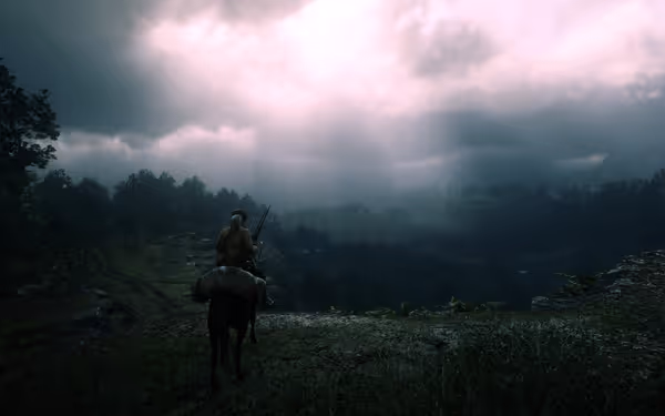 Person riding horse on grassy terrain towards forest, ominous clouds, light breaking through.