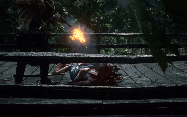 A man shoots a rifle on a bridge near a bloody body and trees