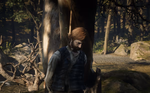 Man hanging by rope from tree in forest, with rocks and stream nearby