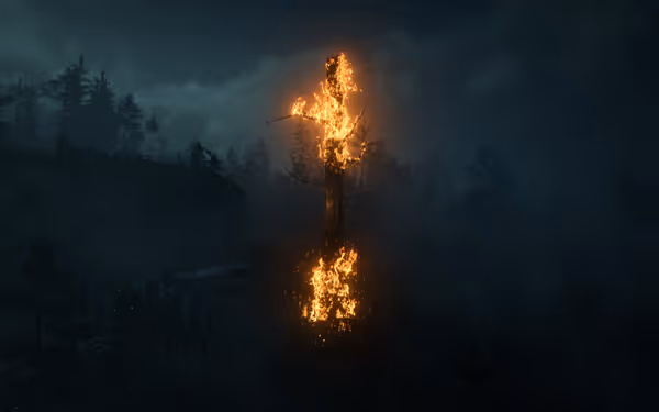 A tall tree burns with fiery intensity, surrounded by smoke and dark trees.
