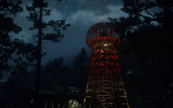 Red tower with lights, surrounded by dark forest, sparks at top.