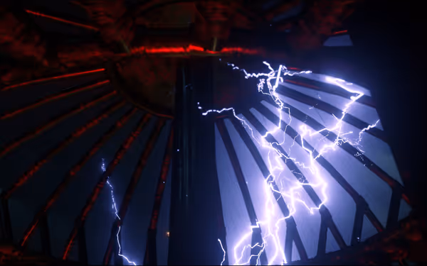 Lightning striking metal bars in dark, red-lit structure.