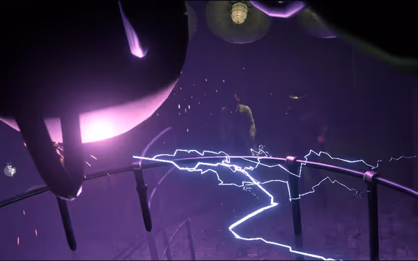 Purple orb emitting electric arcs, dark room, industrial equipment, two people.