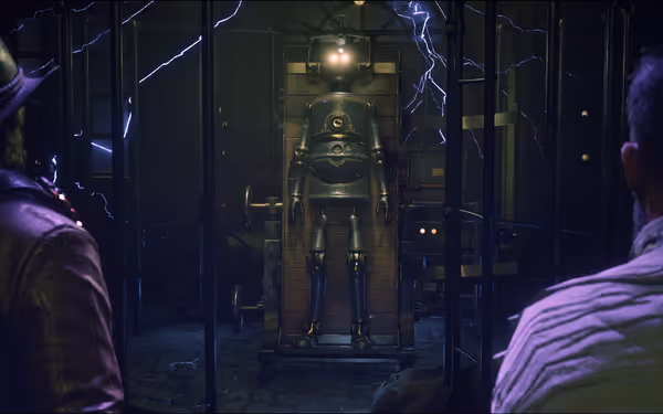 Robot in laboratory with electric sparks, two men observing.