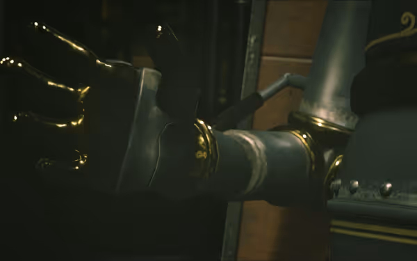 Robot's golden hand extends from metallic arm with gauge.